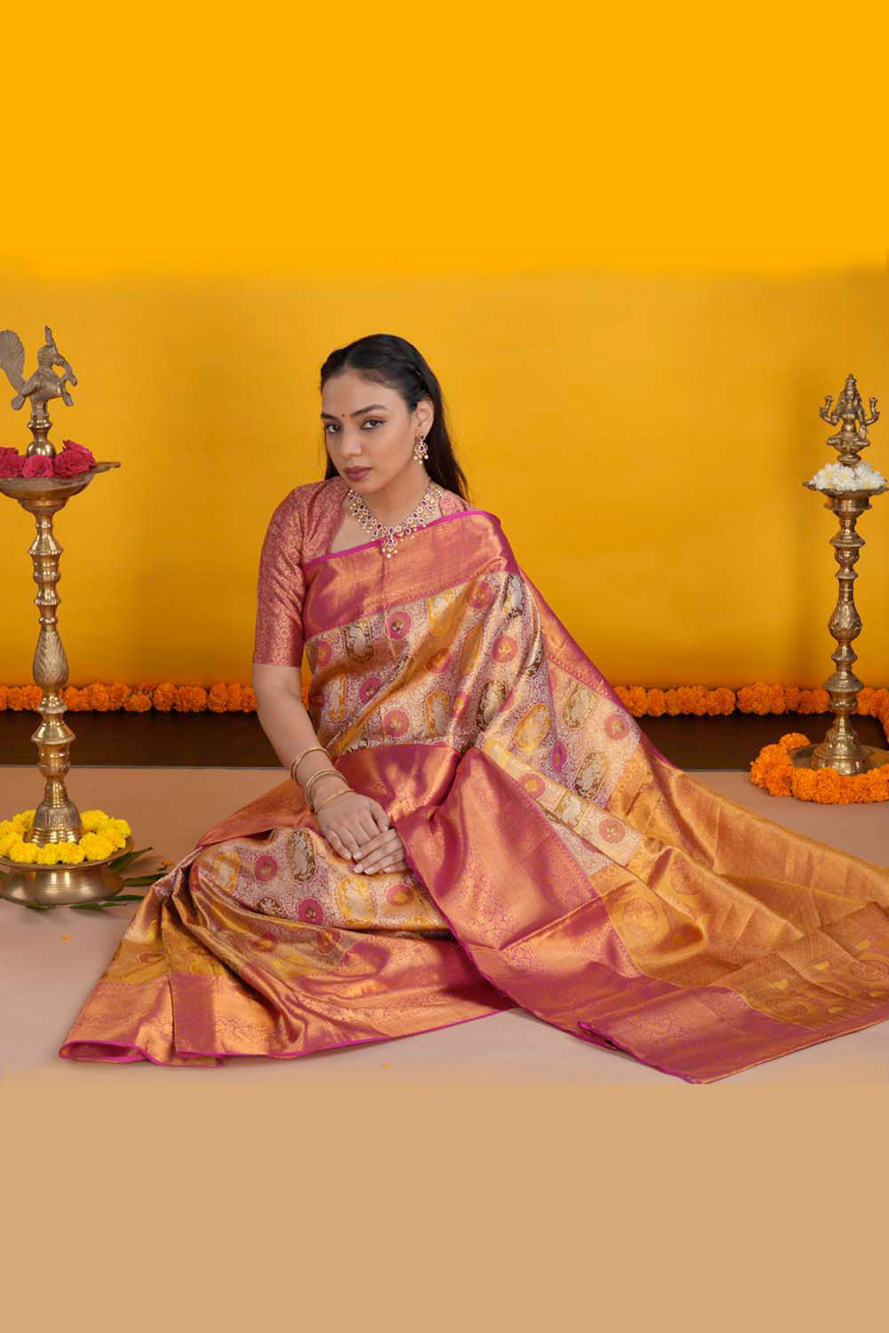 Image of Kanchipattu Pinkish Red Tissue Brocade Saree